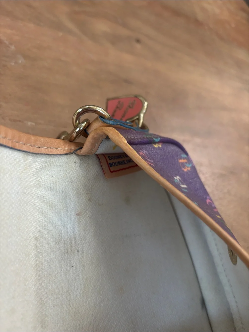 VINTAGE Dooney & Bourke Purple Multicolor Logo Wristlet with Tan Trim